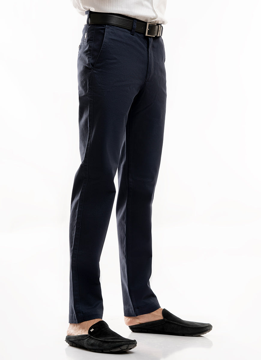 Plain-Navy, 100% Cotton Lycra Casual Trouser