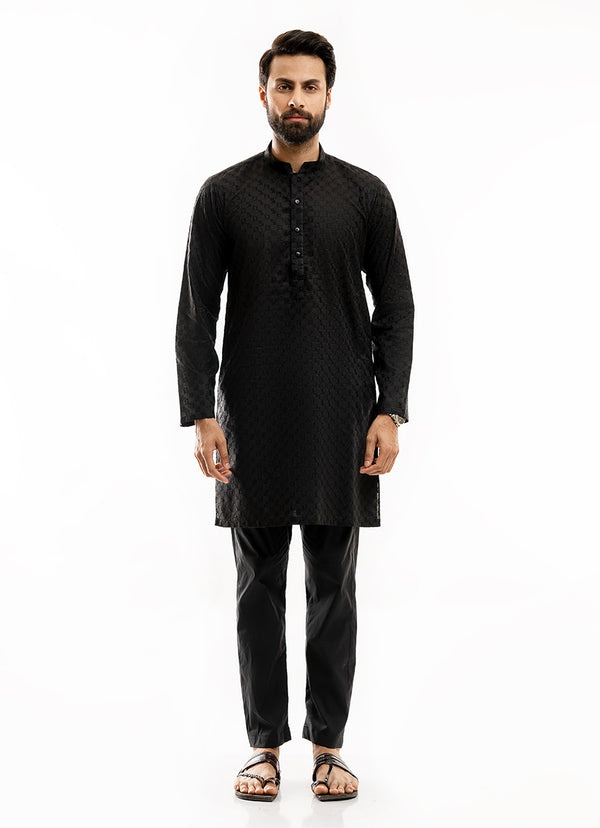 Schiffli Embroidered Black (Cube Pattern), 100% Cotton Short Kurta