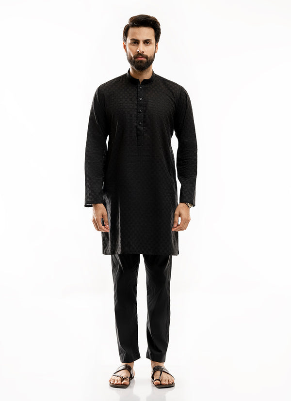 Schiffli Embroidered Black (Square Pattern), 100% Cotton Short Kurta