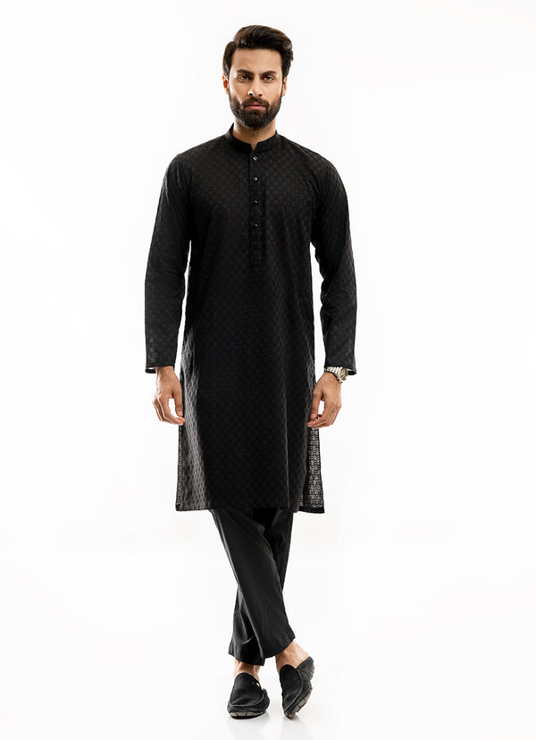 Black Self Embroidered Schiffli Cotton Kurta