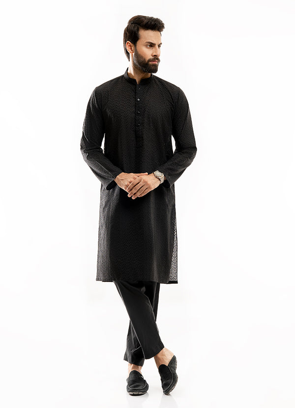 Black Self Embroidered Schiffli Cotton Kurta