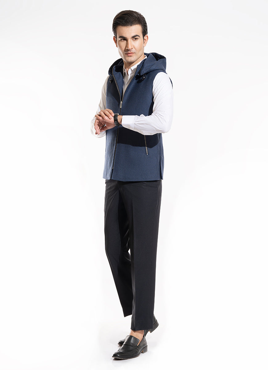 Lawrencepur Men's Plain Blue Wool Rich Worsted Tweed High Neck Hoodie