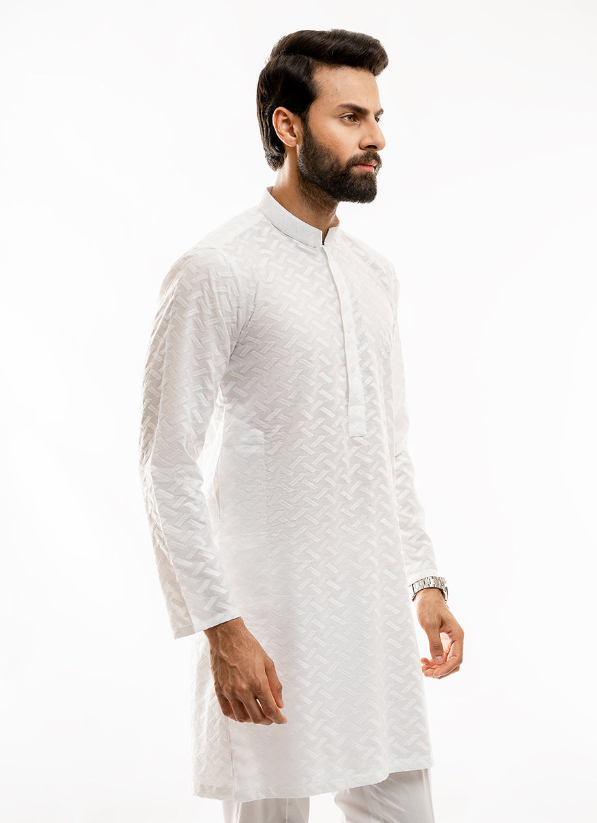 Schiffli Embroidered White (Zigzag pattern), 100% Cotton Short Kurta