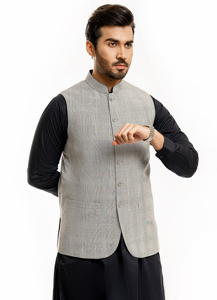 Glen Plaid Checks-Silver,Poly Viscose Hi-end Delta Waist Coat – Lawrencepur