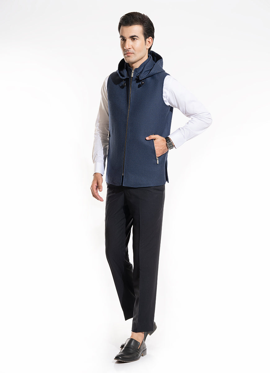 Lawrencepur Men's Plain Blue Wool Rich Worsted Tweed High Neck Hoodie