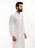 Self Embroidered- White (zigzag pattern), 100% Cotton Kurta