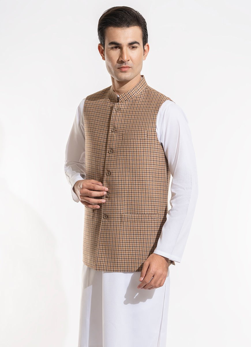 Brown Houndstooth Waistcoat – Wool-Rich Worsted Tweed