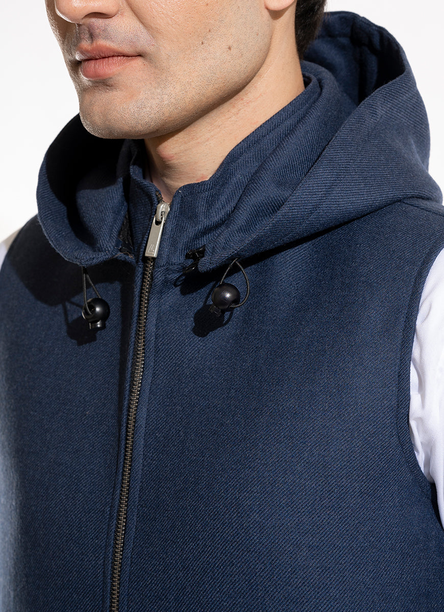 Lawrencepur Men's Plain Blue Wool Rich Worsted Tweed High Neck Hoodie