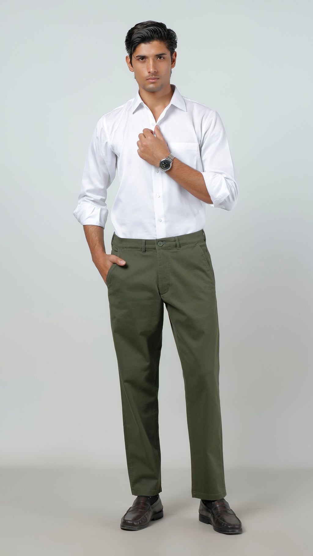 Casual Trouser - Adam Stretch Cotton Olive Green Plain