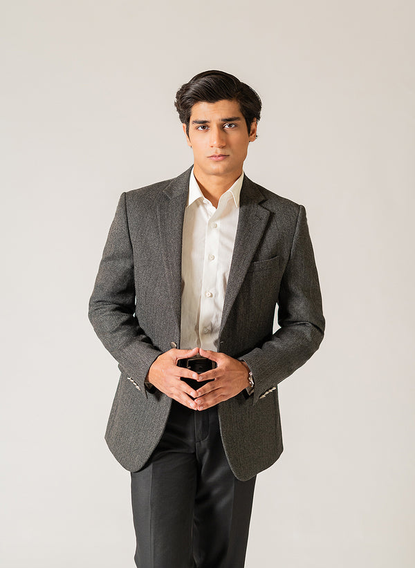 Herringbone Textured Grey Worsted Tweed, Wool Rich, Classic Blazer