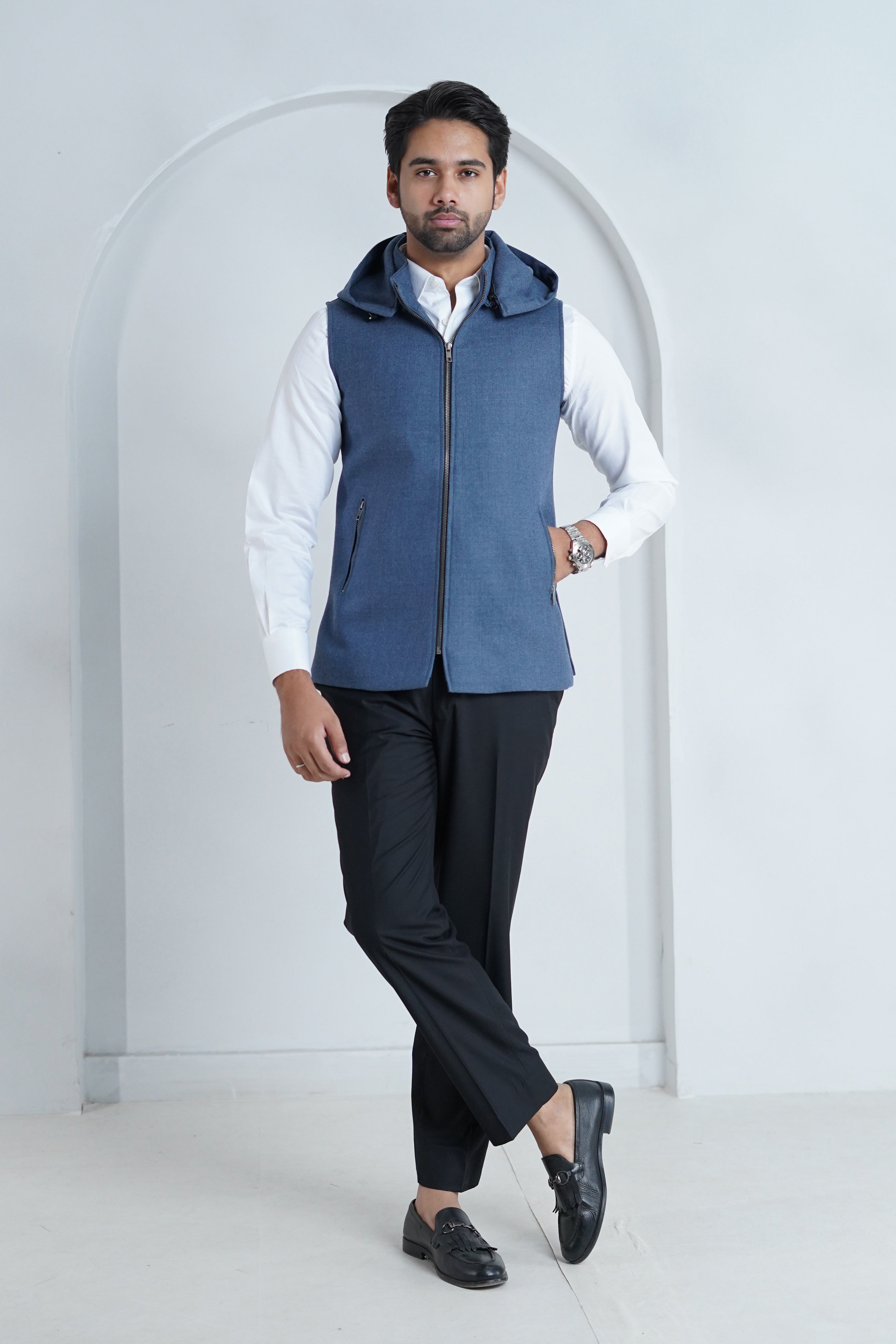 2560-00220-030-0-006 L-High Neck Hoodies Worsted Tweed Wool Rich Blue Winter-5