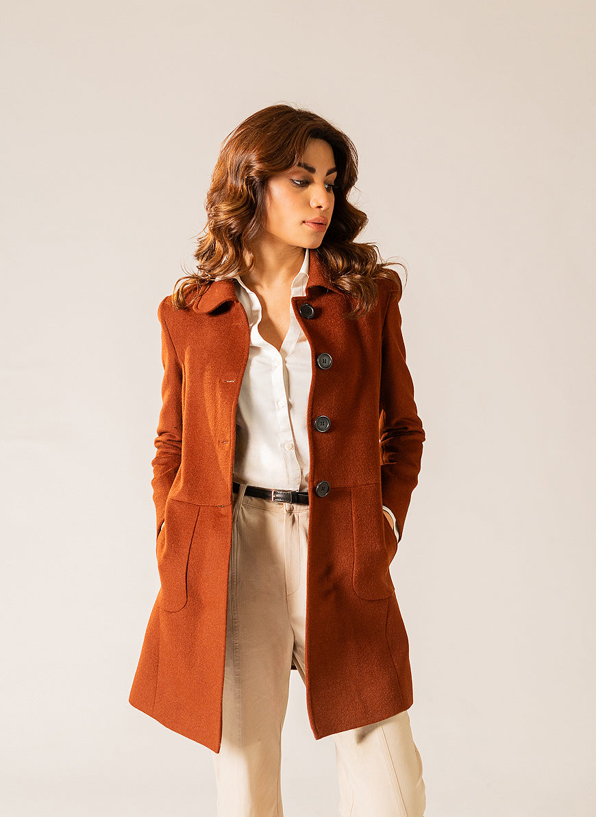 Plain-Rust Brown, Wool Blend Fleece, Women's Long Coat