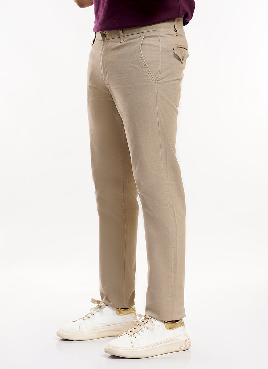 Plain-Fawn, 100% Cotton Lycra Casual Trouser