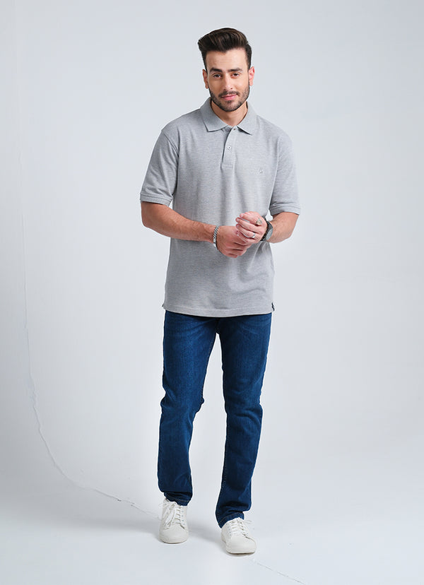 Grey Combed Cotton Regular Fit Polo Shirt"