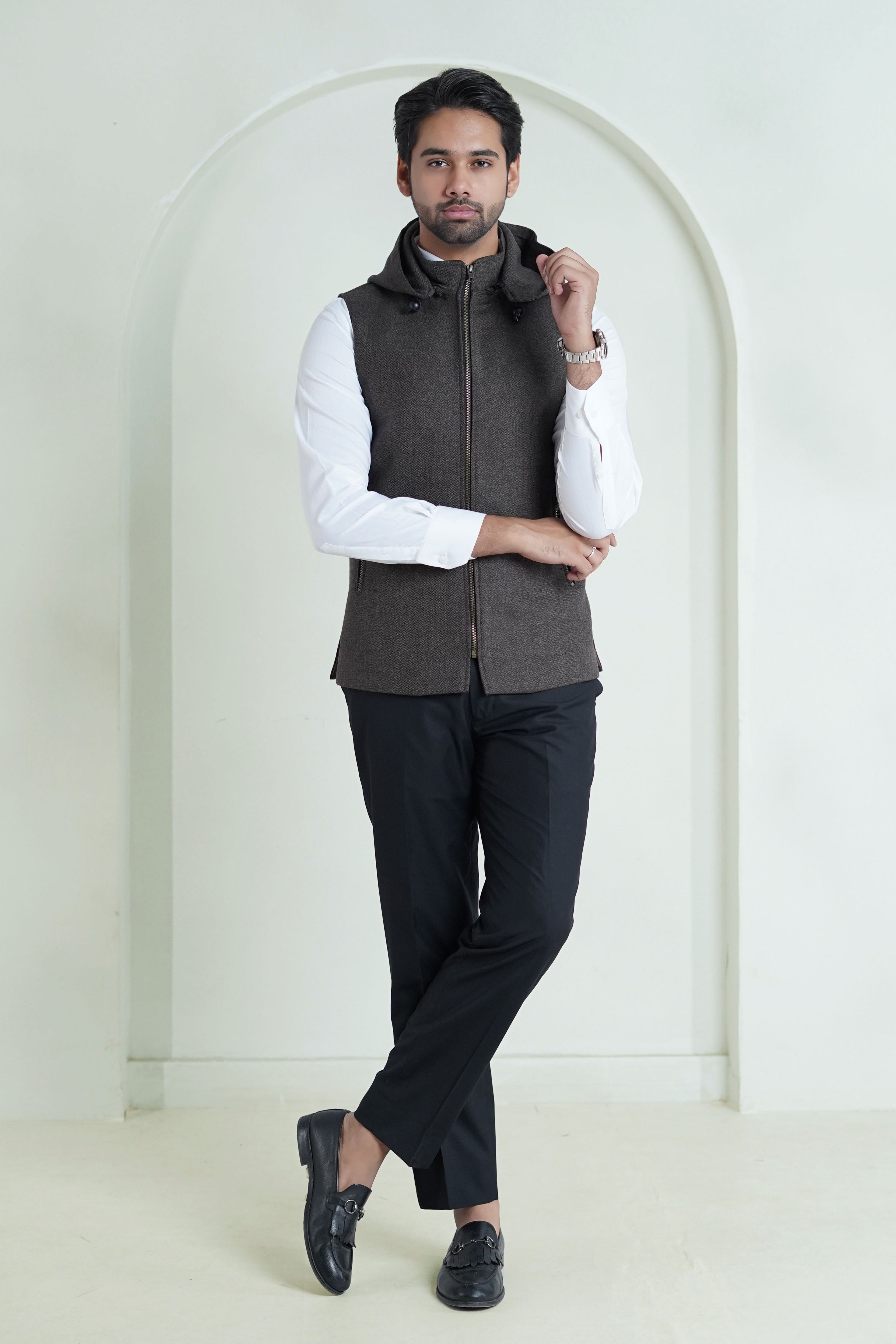 2560-00220-040-1-003 L-High Neck Hoodies Worsted Tweed Wool Rich Brown Winter 1