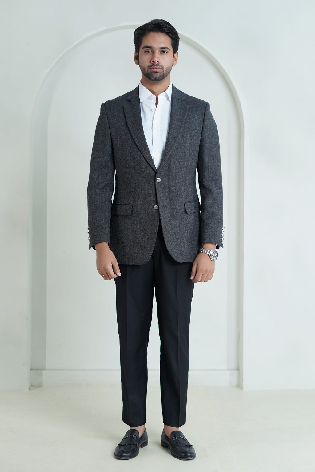 Grey Herringbone Blazer - Worsted wool formal wear