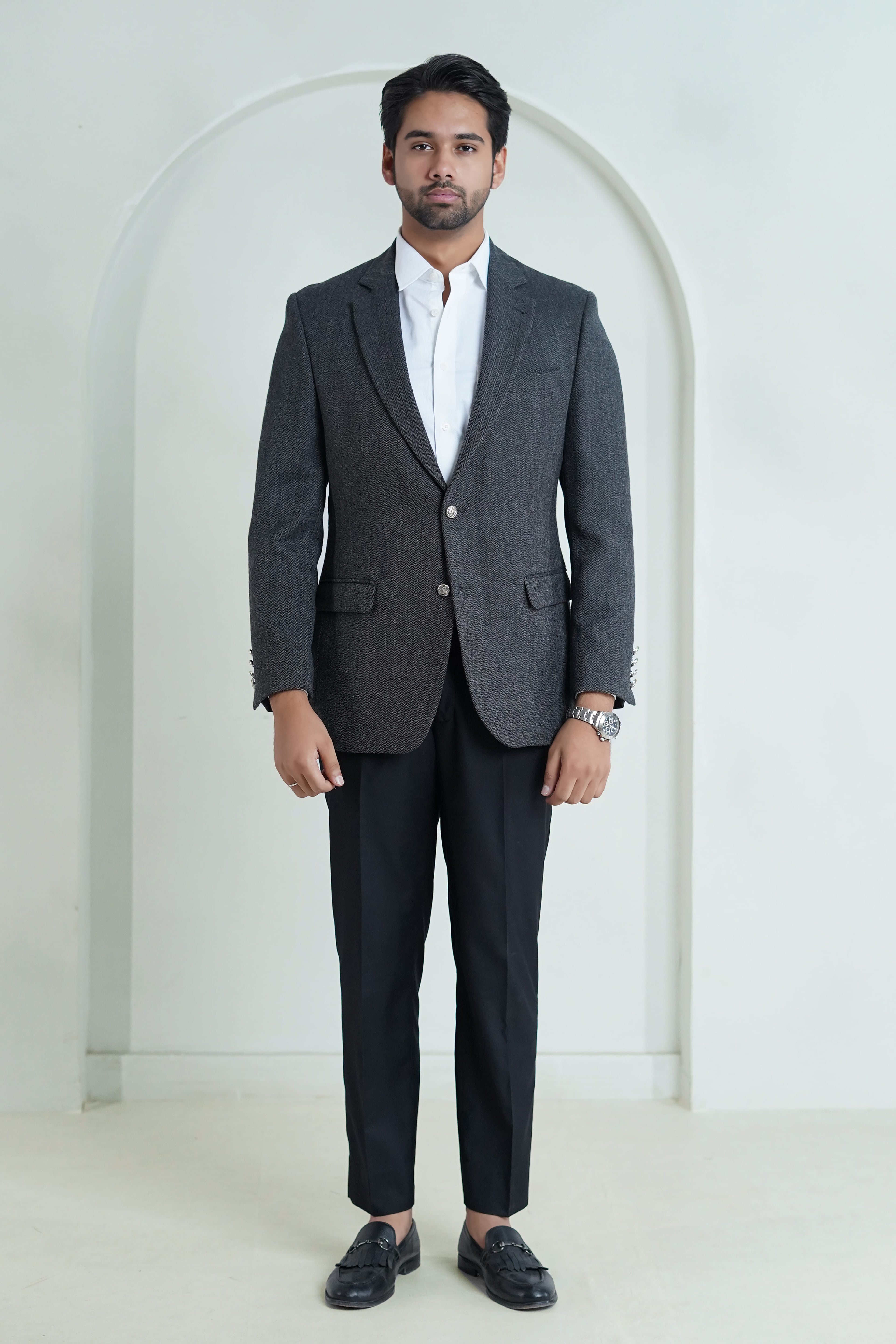 Grey Herringbone Blazer - Worsted wool formal wear