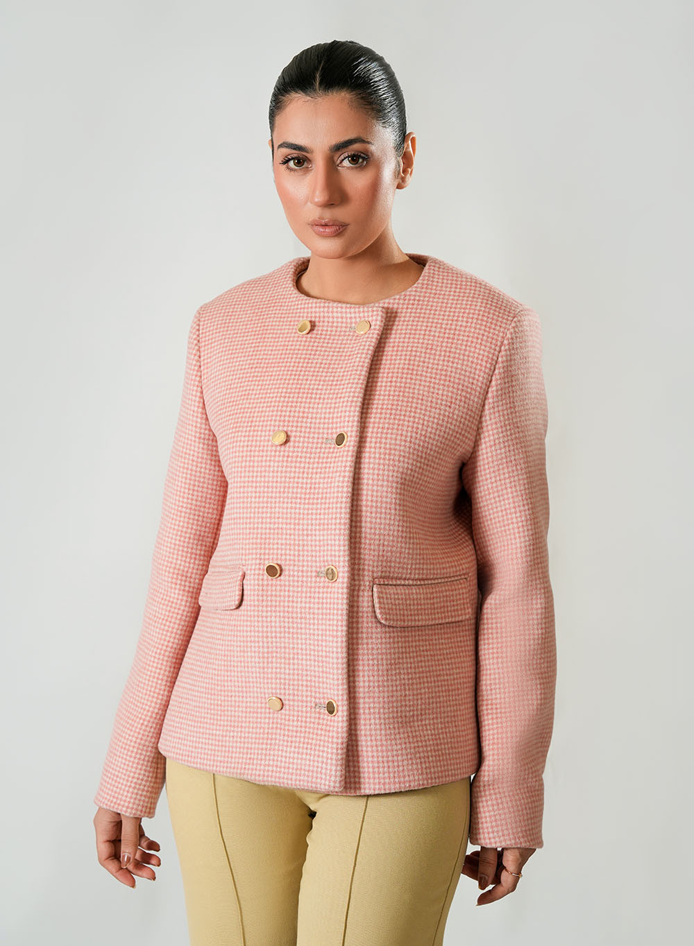 Women's Pink and White Checked Wool Fleece Jacket - Cozy Winter Outerwear Main image