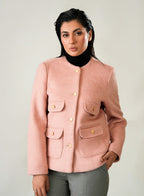 Women's Pink and White Checked Wool Fleece Jacket - Cozy Winter Essential