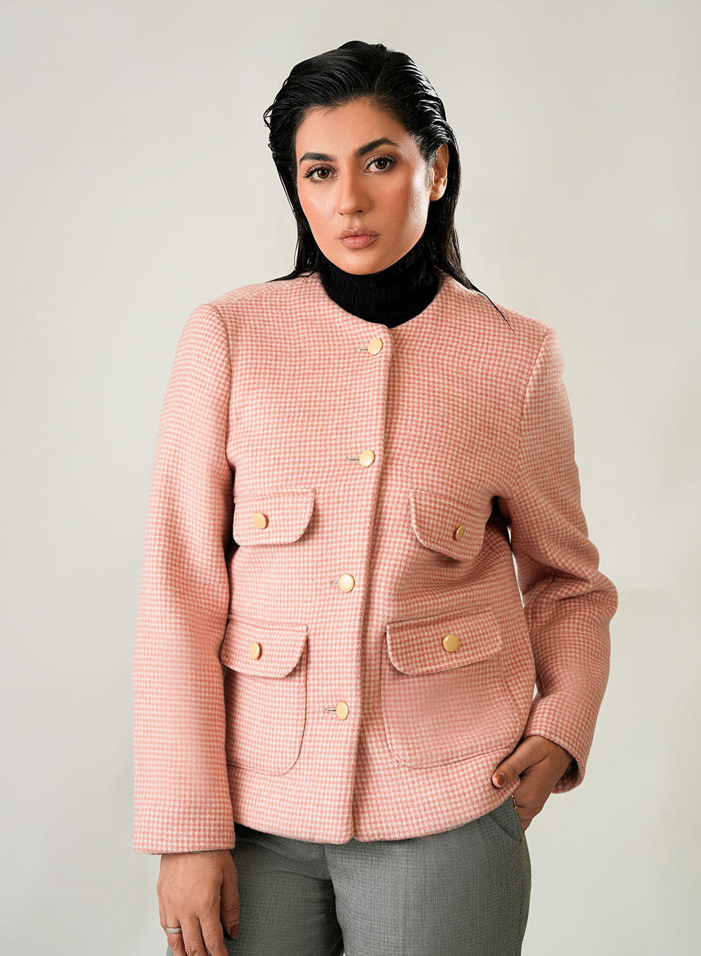 Women's Pink and White Checked Wool Fleece Jacket - Cozy Winter Essential
