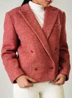 Women's Red & White Checked Wool Fleece Jacket - Trendy Winter Look