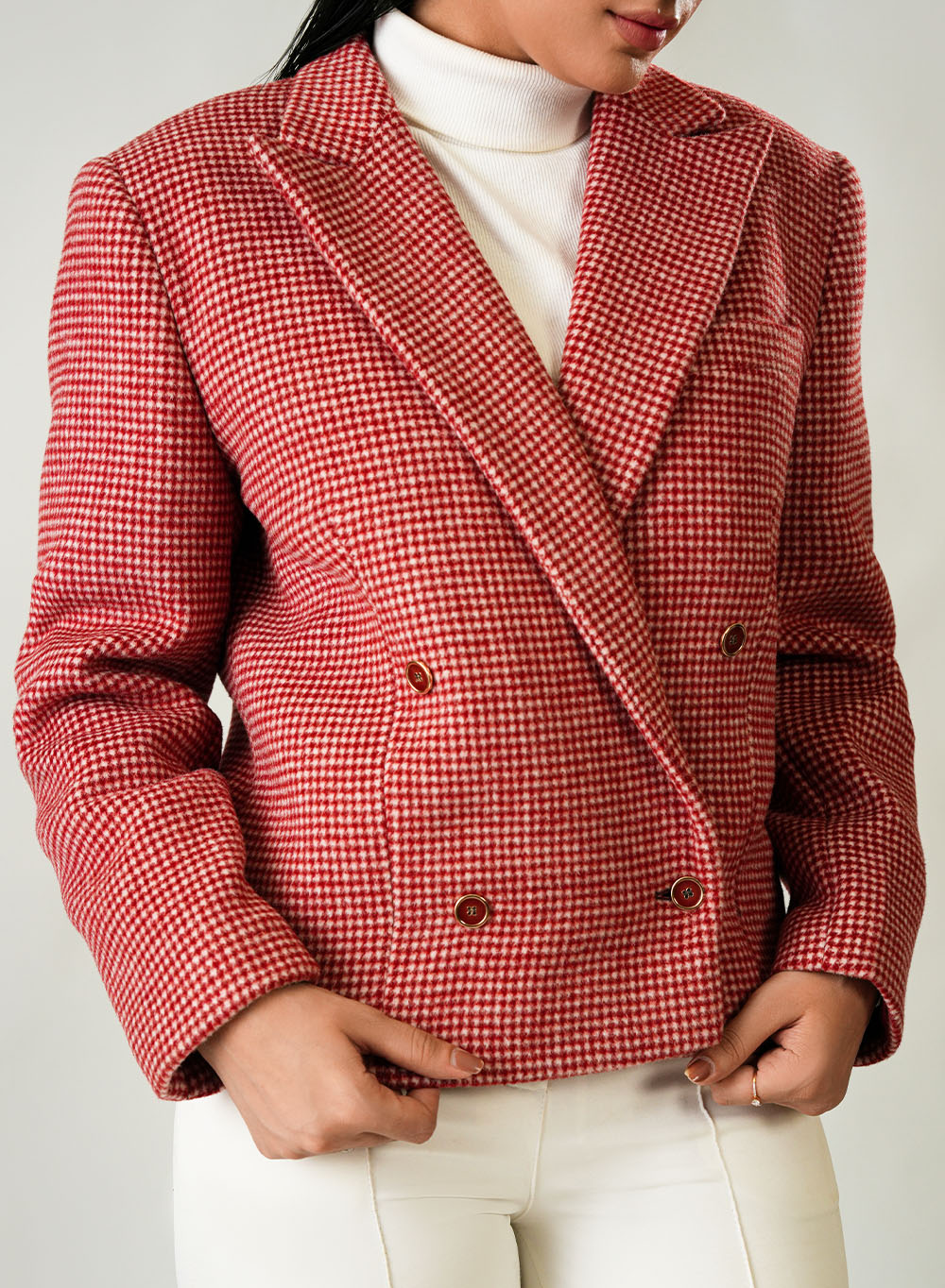 Women's Red & White Checked Wool Fleece Jacket - Trendy Winter Look