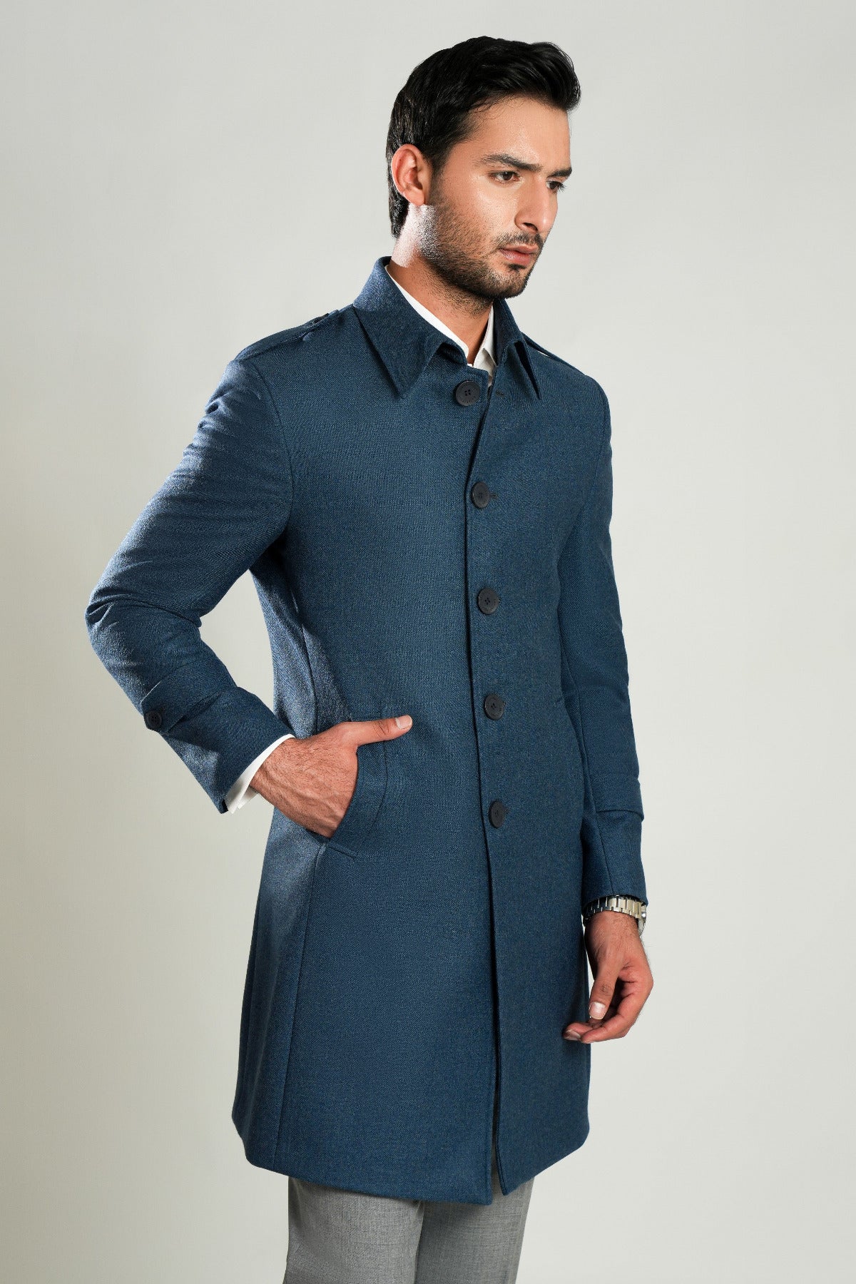 Lawrencepur prussian plain wool-rich worsted tweed long overcoat for winter. Main image