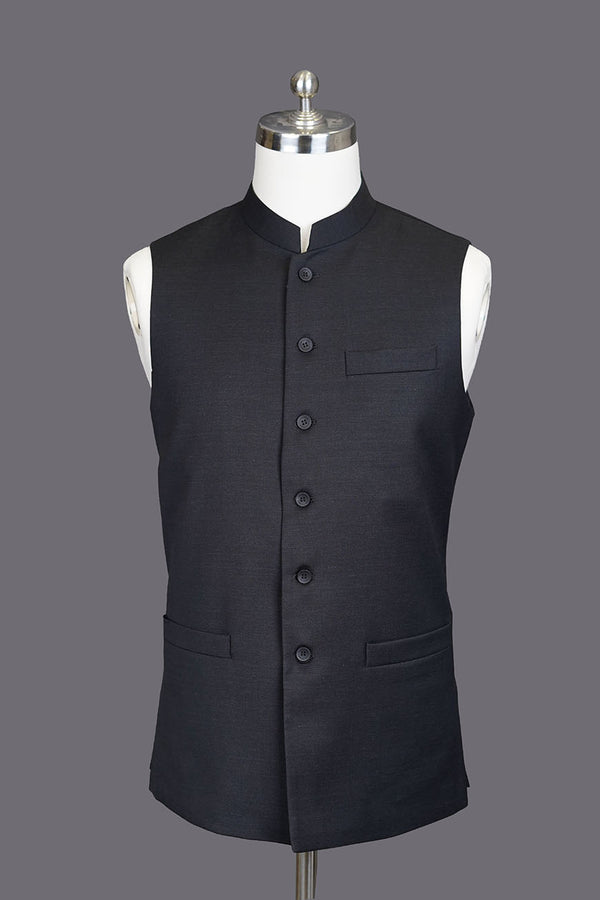 Black Textured Wool Rich Waist Coat