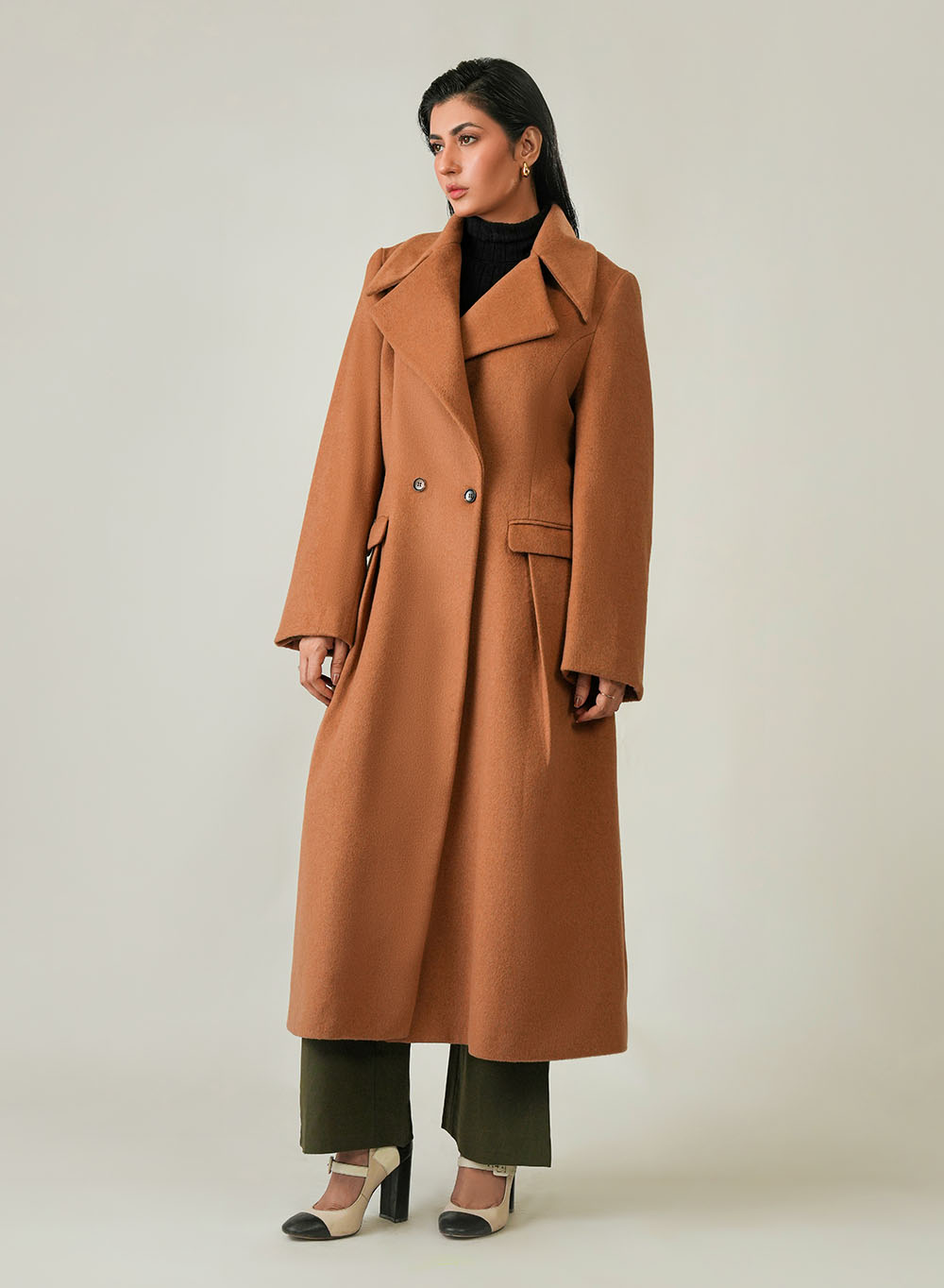 Women's Camel Brown Wool Fleece Long Coat - Timeless Winter Elegance Main image