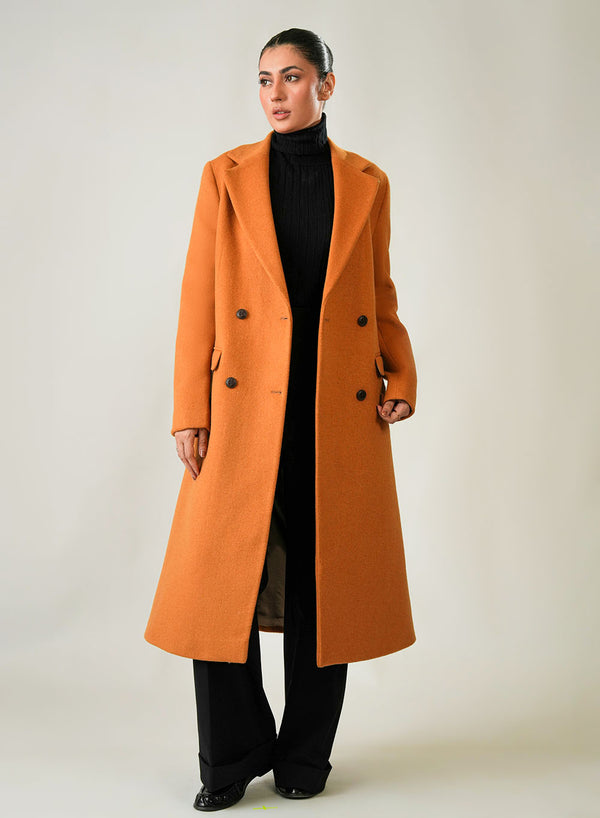 Camel brown long winter coat for ladies with a stylish lapel collar