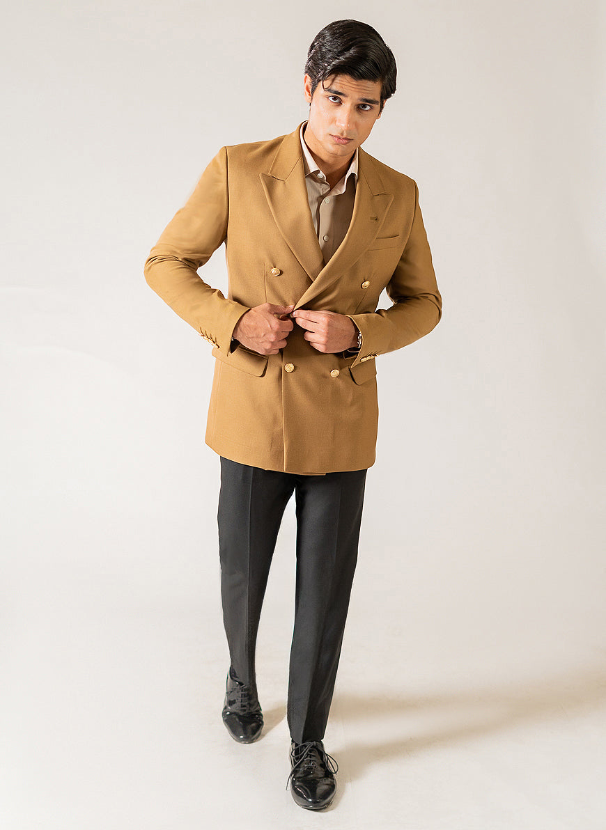 Plain-Brown, Wool Blend Fleece, Double Breasted Blazer