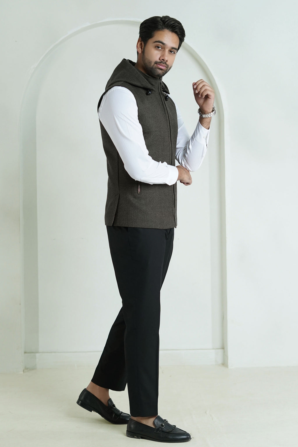 2560-00220-040-1-003 L-High Neck Hoodies Worsted Tweed Wool Rich Brown Winter 2