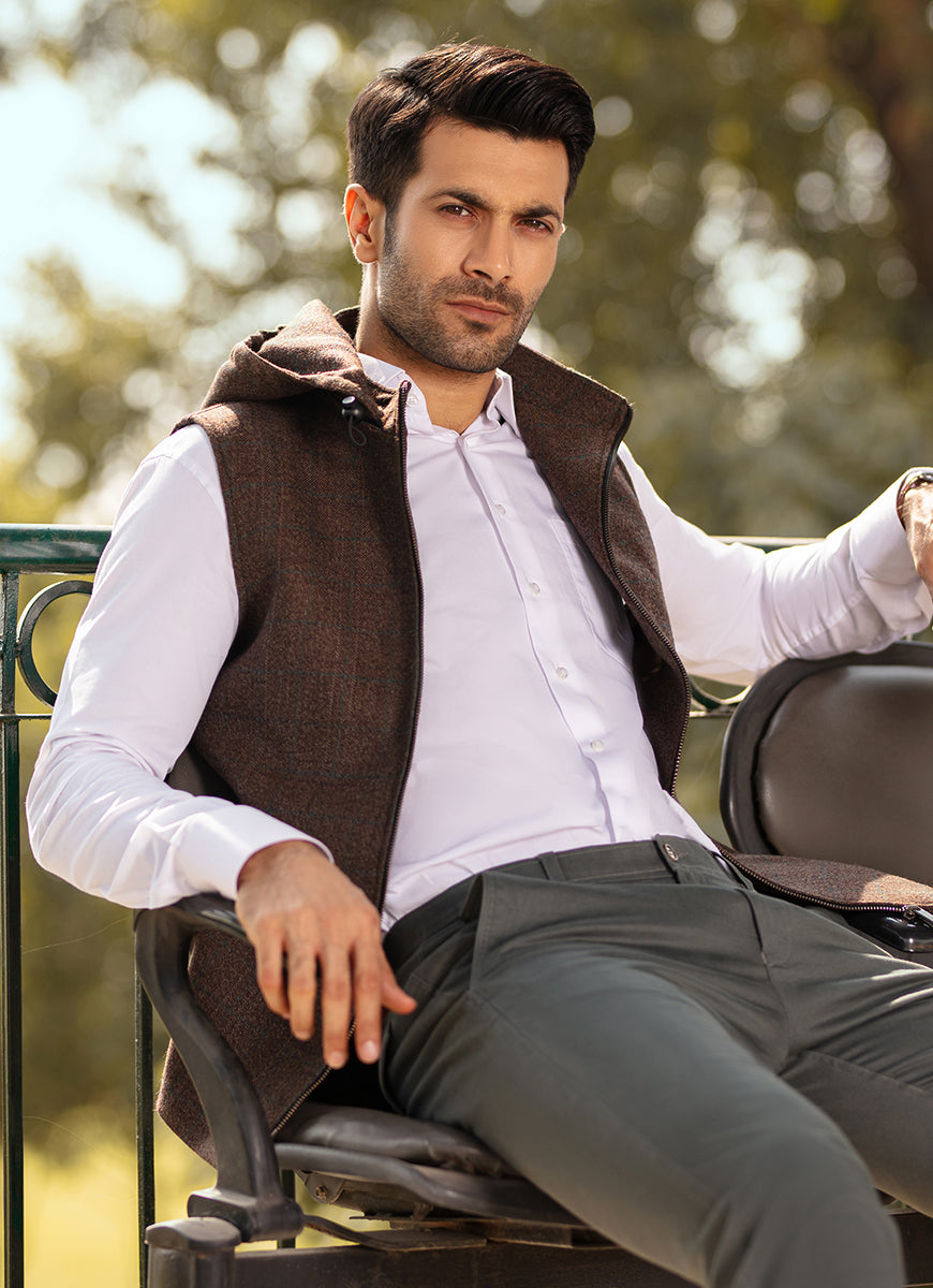 Brown Checks, Worsted Tweed High Neck Sleeveless Hoodie Secondary image