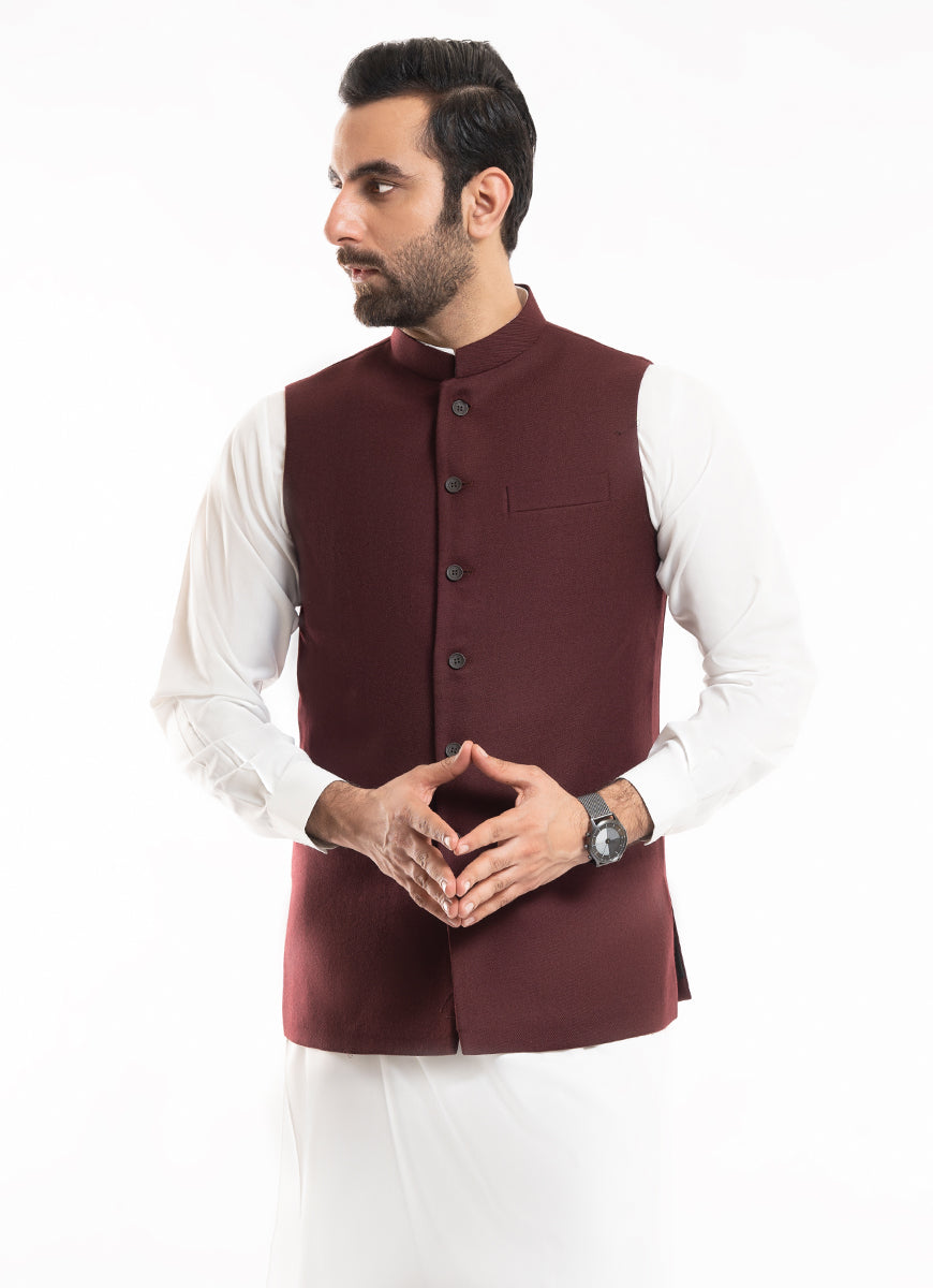 Maroon Worsted Tweed Waistcoat – Wool-Rich Formal Wear Main image