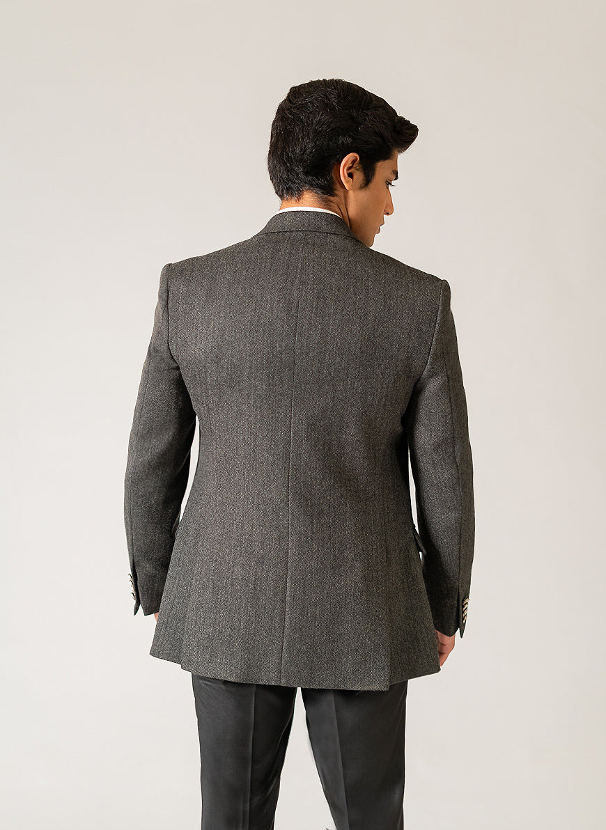 Herringbone Textured Grey Worsted Tweed, Wool Rich, Classic Blazer