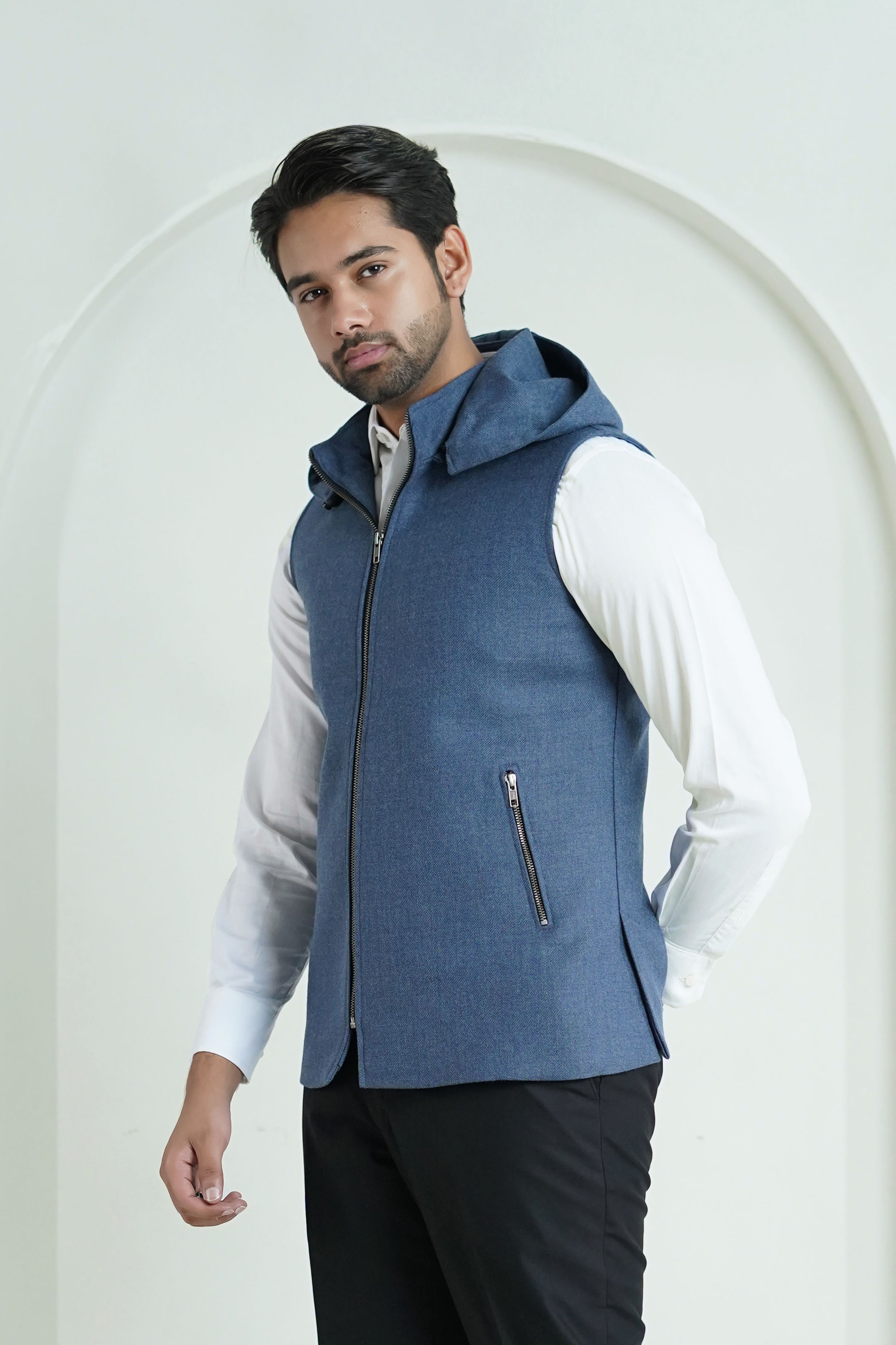 2560-00220-030-0-006 L-High Neck Hoodies Worsted Tweed Wool Rich Blue Winter 2 Main image