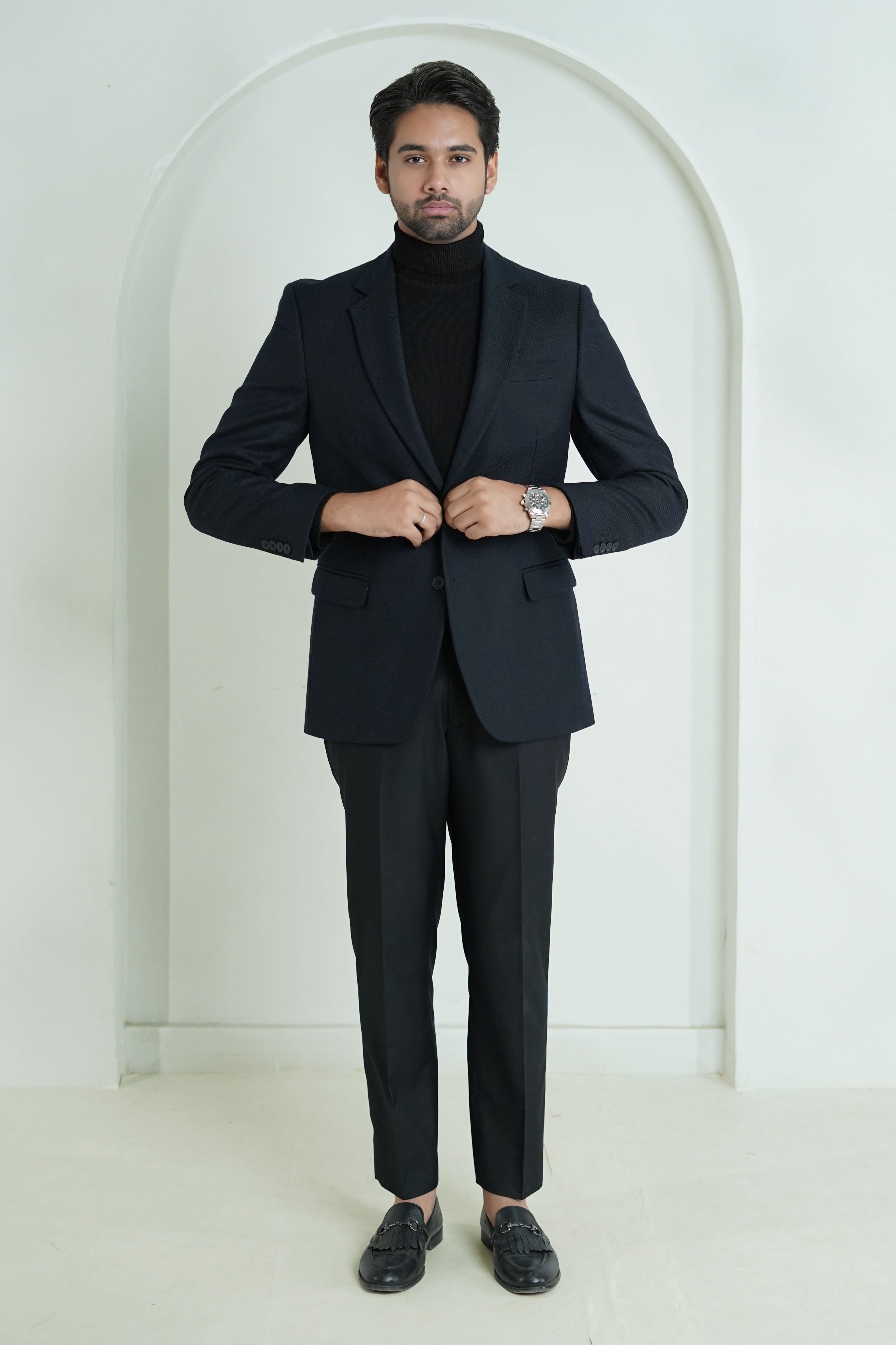 Black Plain Worsted Tweed Classic Blazer Secondary image