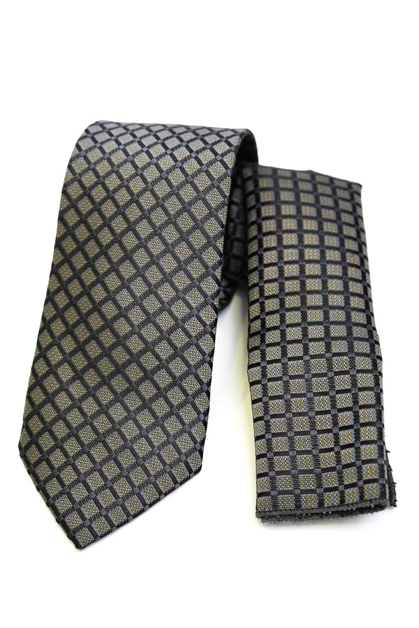 Tie & Pocket Square - Rich Silk Grey & Black Checks