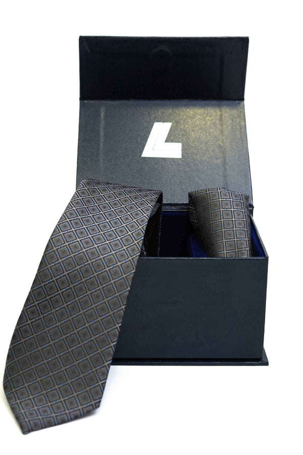 Tie & Pocket Square - Rich Silk Ash Grey Checks