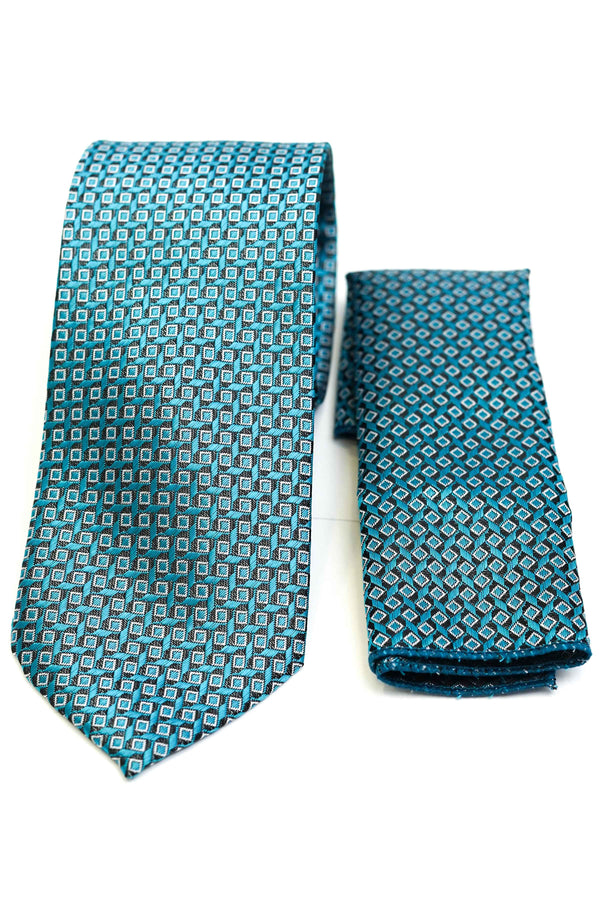 Tie & Pocket Square - Rich Silk Ferozi Checks