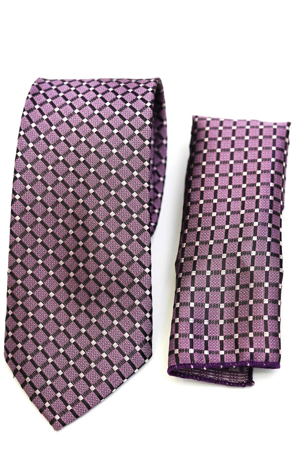 Tie & Pocket Square - Rich Silk Light Purple Checks