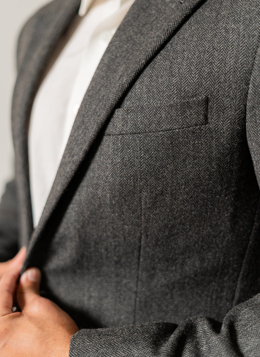 Herringbone Textured Grey Worsted Tweed, Wool Rich, Classic Blazer