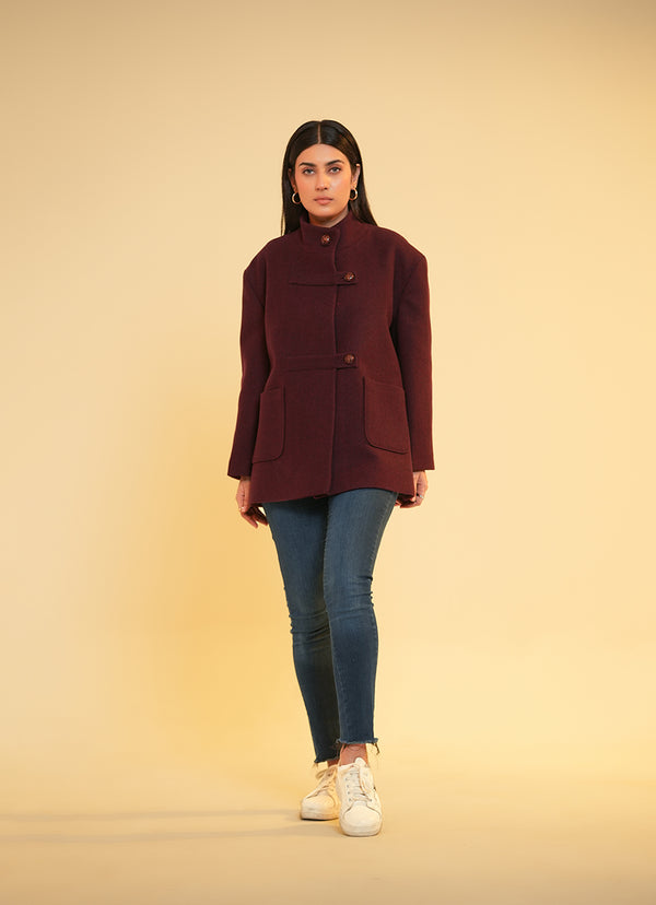 Ladies Jacket  Button Tab High Neck  Maroon Plain