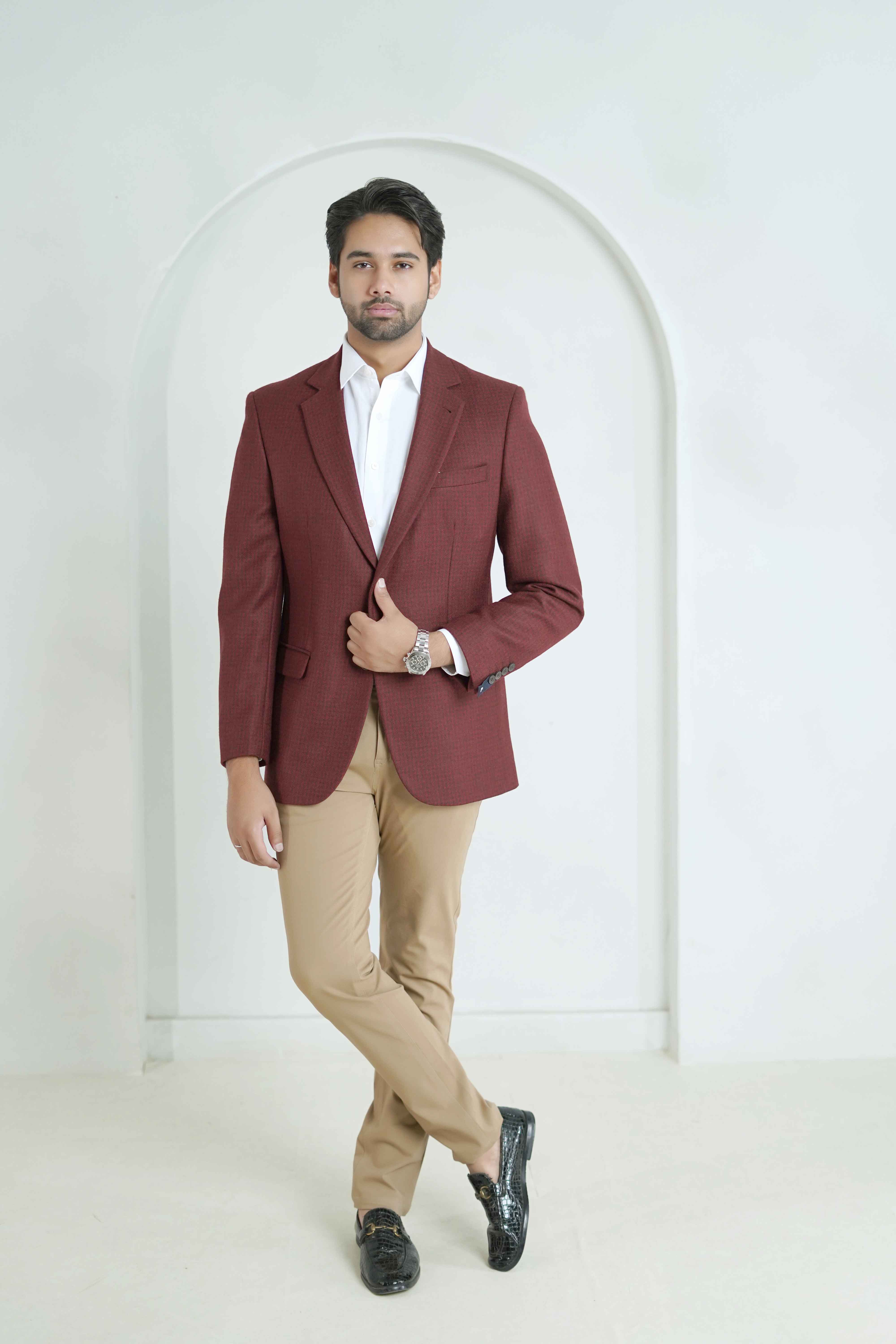 Cherry Red Houndstooth Worsted Tweed Classic Blazer Secondary image