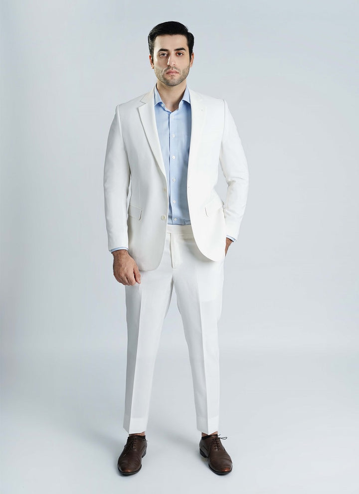 A premium white men's wedding suit, perfect for formal events, made with breathable wool rich fabric.