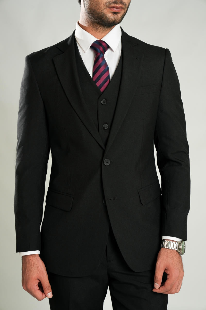 Black Plain  3 Piece Suit - Tropical Classic Poly Wool Secondary image