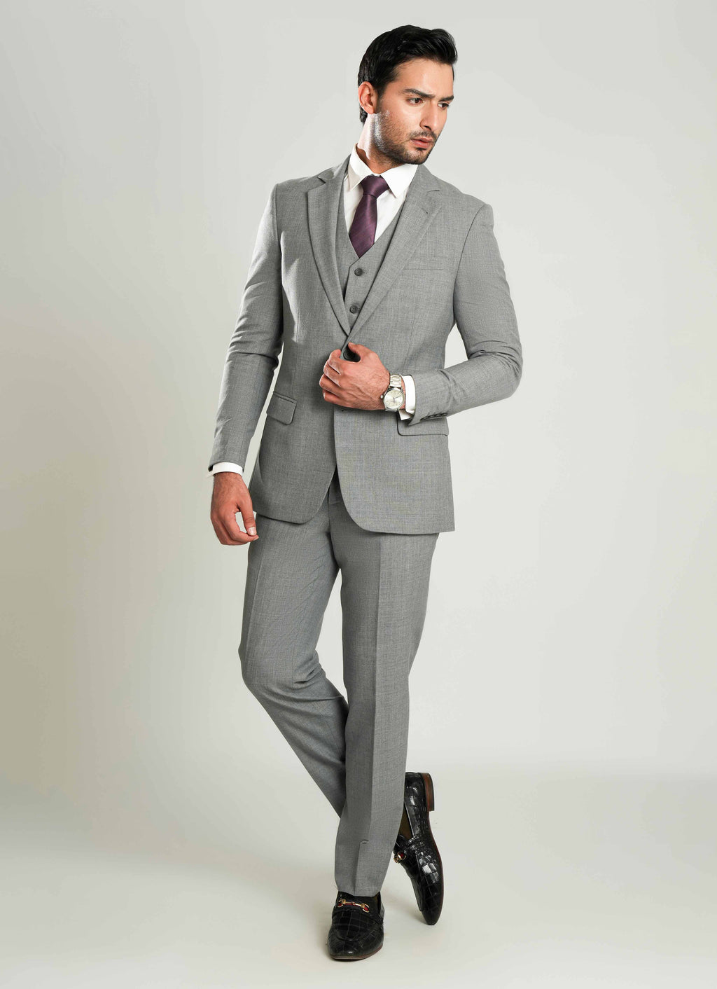 Grey Plain  3 Piece Suit - Tropical Classic Poly Wool