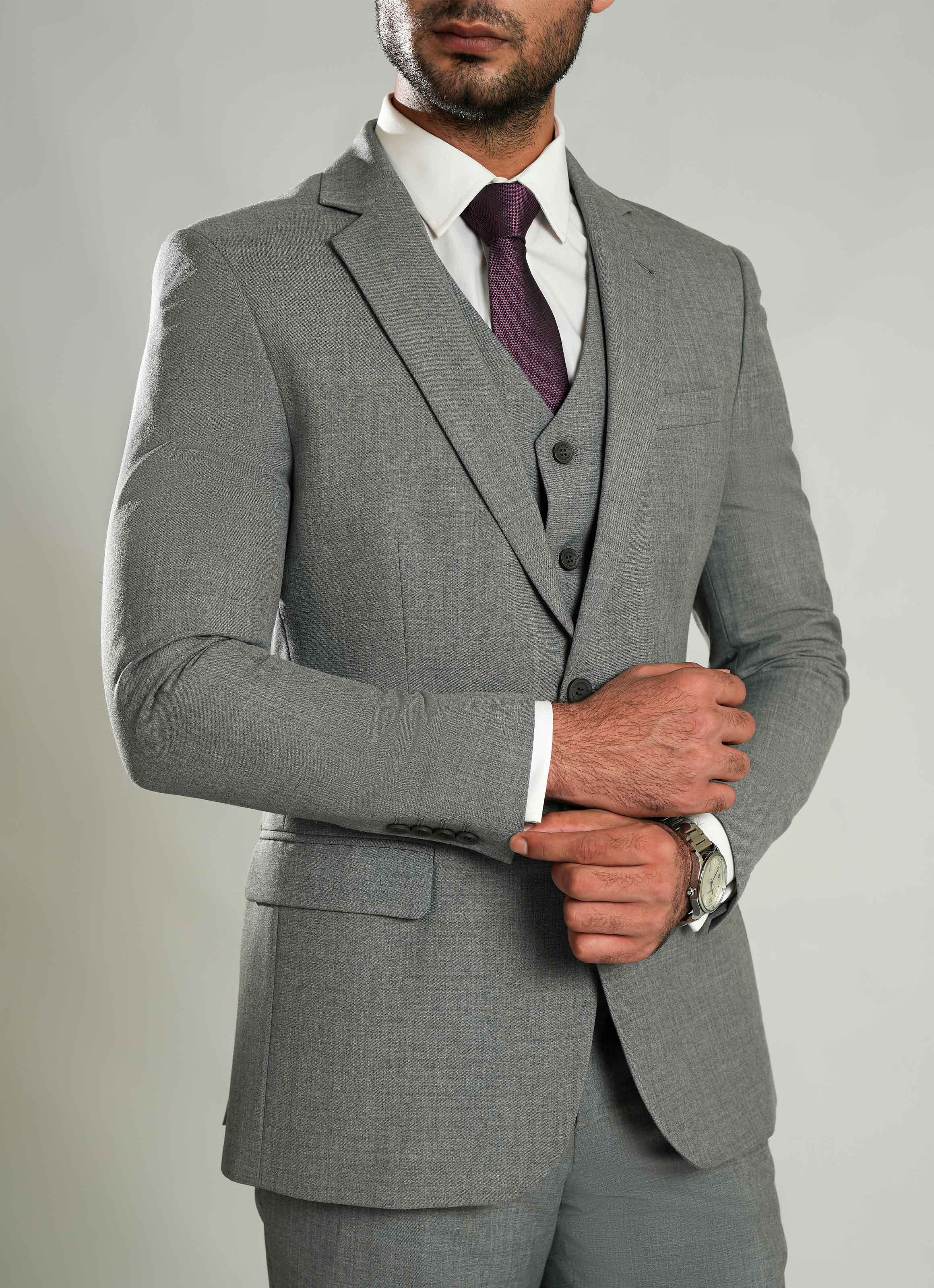 Grey Plain  3 Piece Suit - Tropical Classic Poly Wool Secondary image