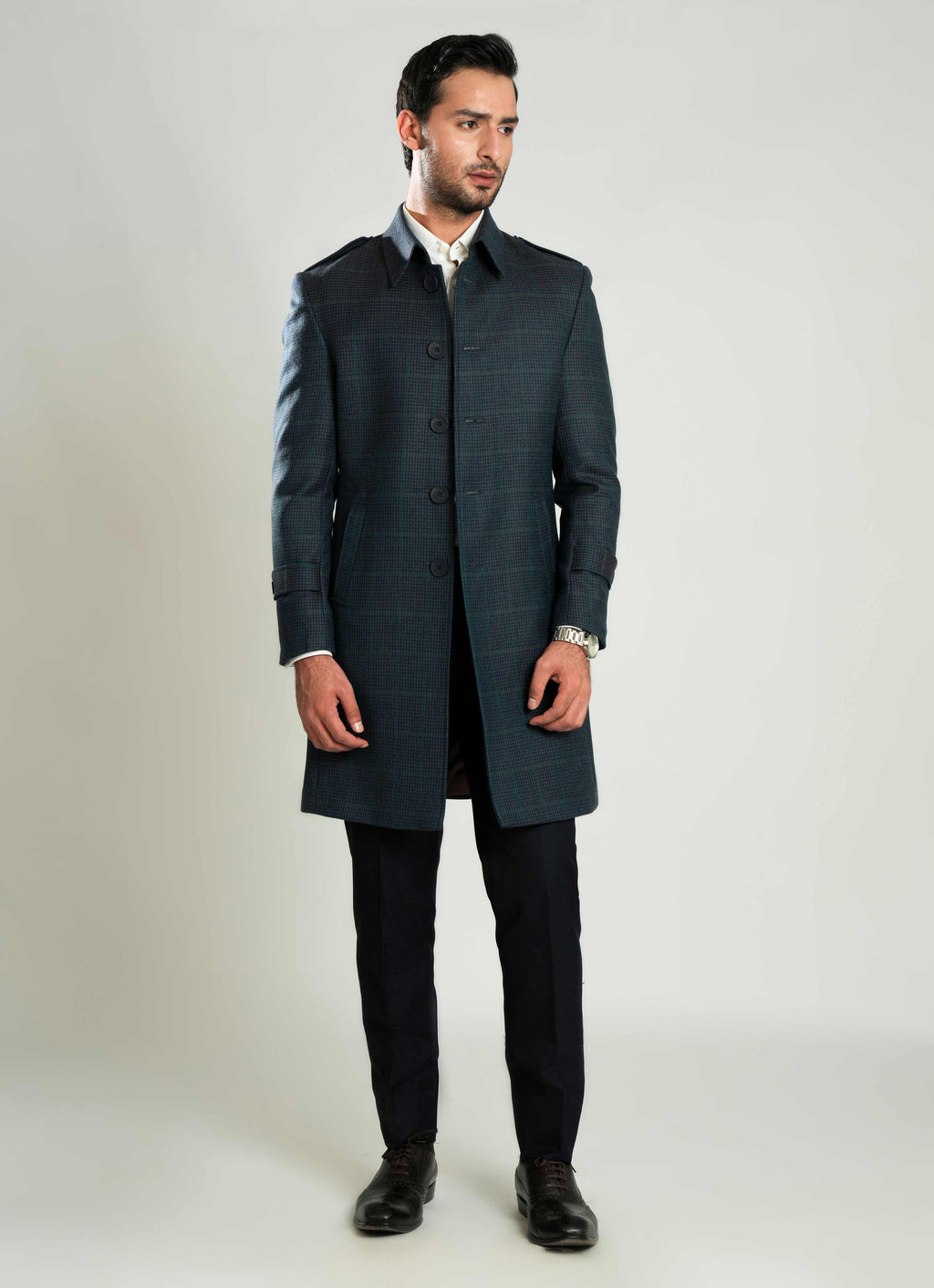 Checkered Wool-Rich Worsted Tweed Long Coat