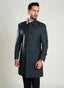 Lawrencepur checkered wool-rich worsted tweed long overcoat in navy blue.